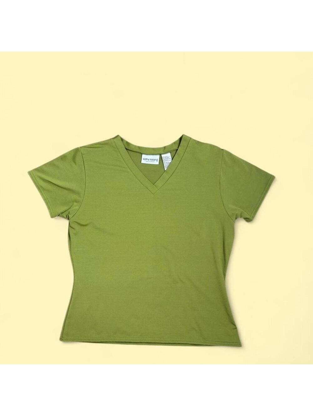 Y2K Kathy Ireland Olive Green Stretch V-Neck Tee